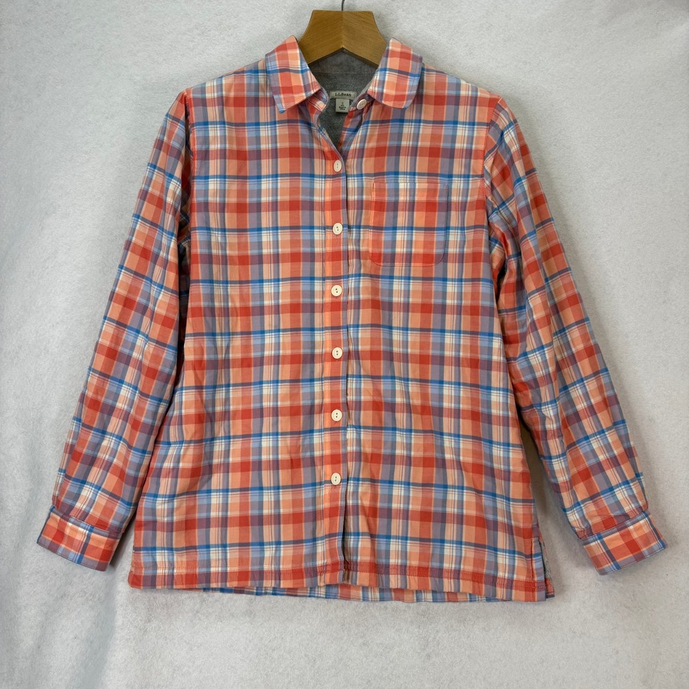 L.L. Bean‎ Womens Small Fleece Lined Orange/Blue Plaid Button Up Shirt Warm Cozy